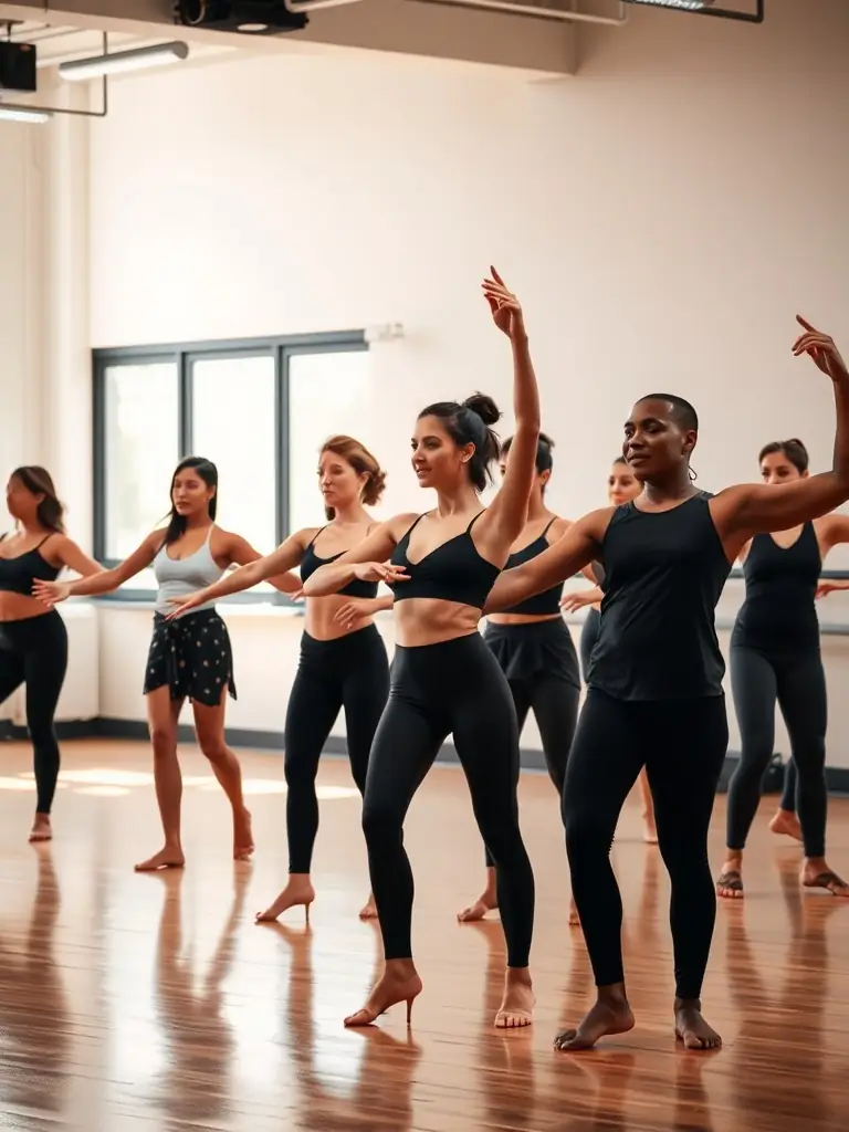 A photo of a diverse group of dancers participating in a workshop, focused on learning new techniques and collaborating creatively.