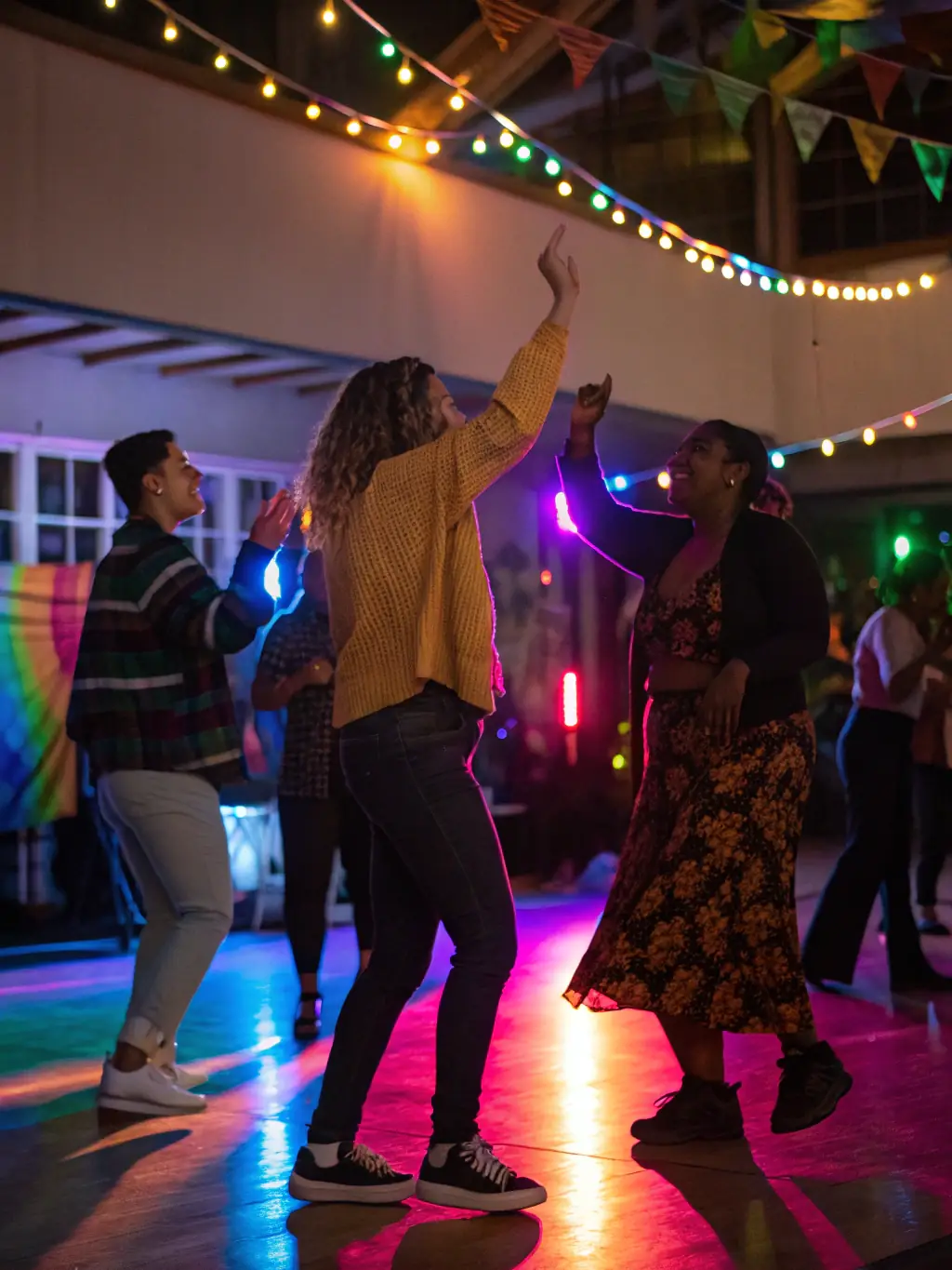 A photo capturing a community dance project, with participants of all ages and backgrounds dancing together in a public space.